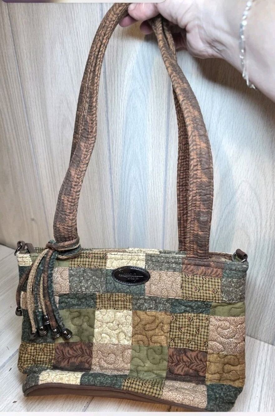 Donna Sharp Patchwork Quilted Messenger Shoulder Handbag Purse Blue Green Brown